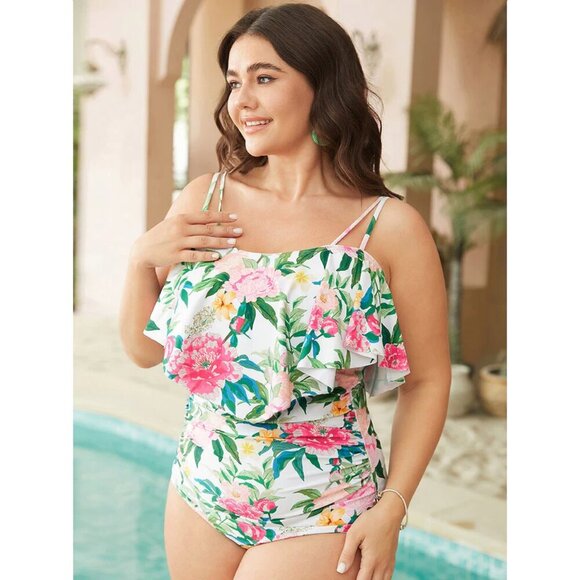 NWT BloomChic White Floral Ruched Detail Ruffle Trim Cami One Piece Swimsuit - Picture 4 of 10